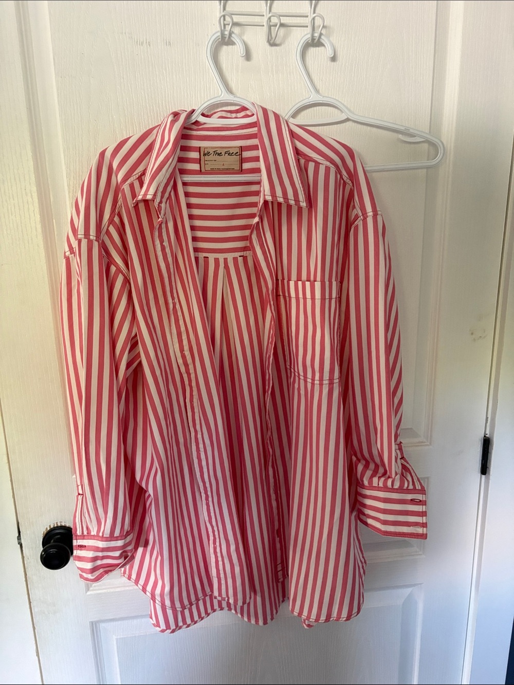 WE THE FREE Freddie Striped Button Up Long Sleeve Shirt - Coral/White - Size L